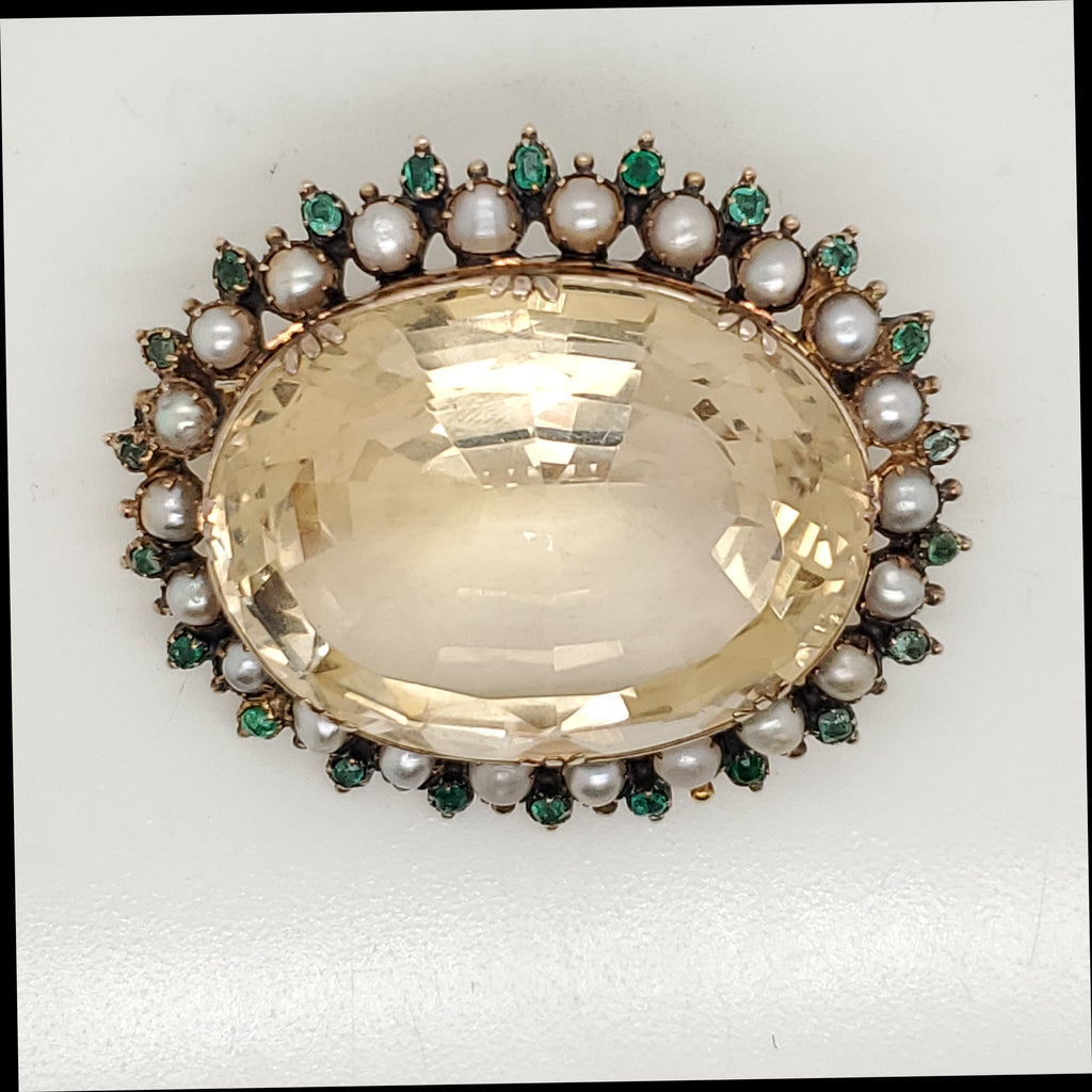 Antique Victorian 10kt Yellow Gold Citrine Emerald and Pearl Brooch