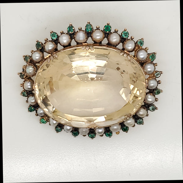 Antique Victorian 10kt Yellow Gold Citrine Emerald and Pearl Brooch