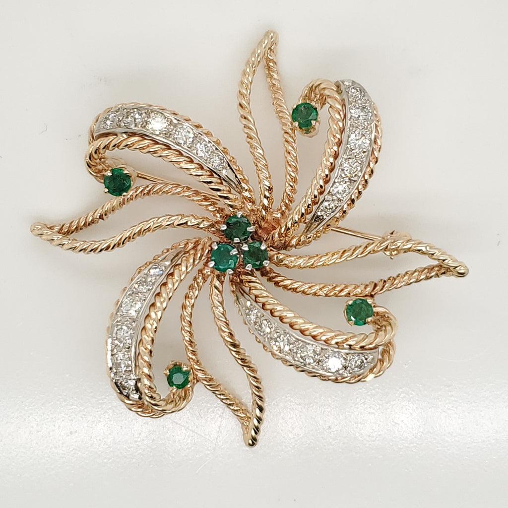 Vintage 14kt Yellow Gold Diamond and Emerald Flower Brooch
