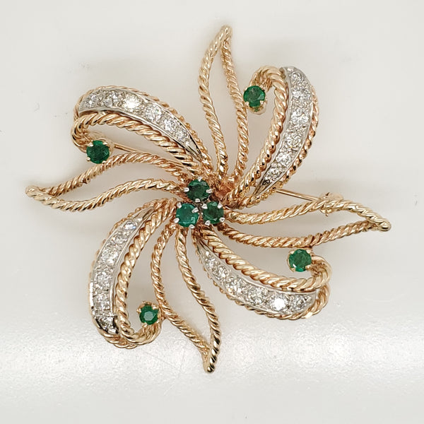 Vintage 14kt Yellow Gold Diamond and Emerald Flower Brooch