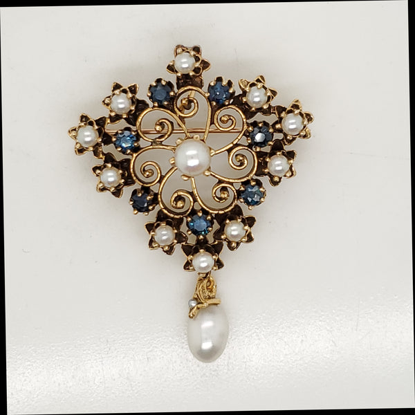 Vintage 14kt Yellow Gold Sapphire and Pearl Brooch/Pendant