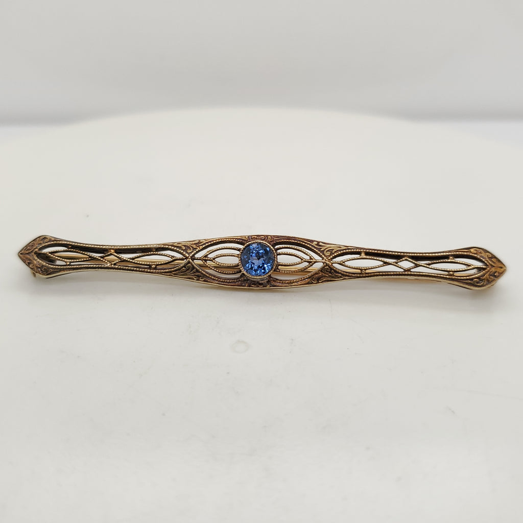 Art Deco 14kt Yellow Gold Filigree Sapphire Bar Pin