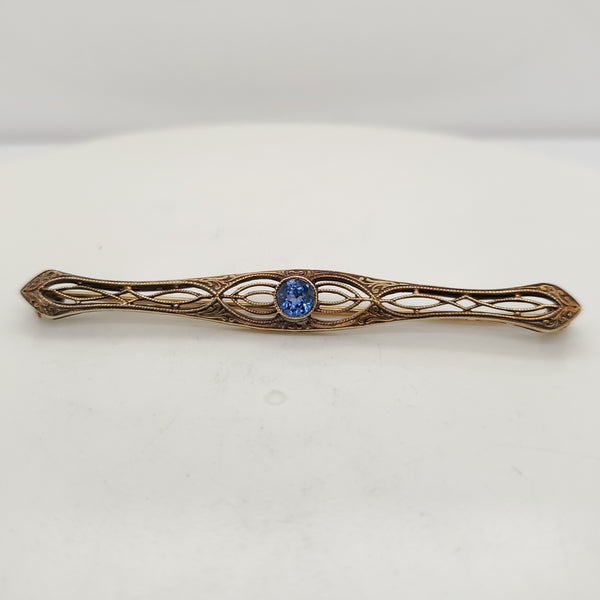 Art Deco 14kt Yellow Gold Filigree Sapphire Bar Pin