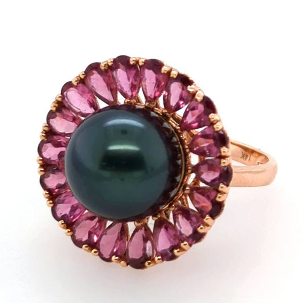14Kt Rose Gold Tahitian Pearl And Pink Tourmaline Ring