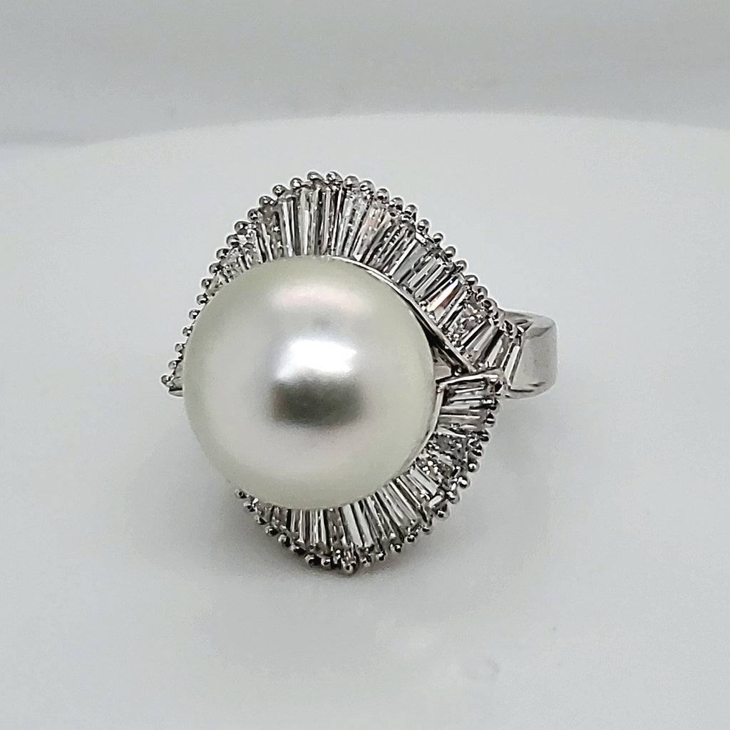 Platinum Large Pearl and Baguette Diamond Ring