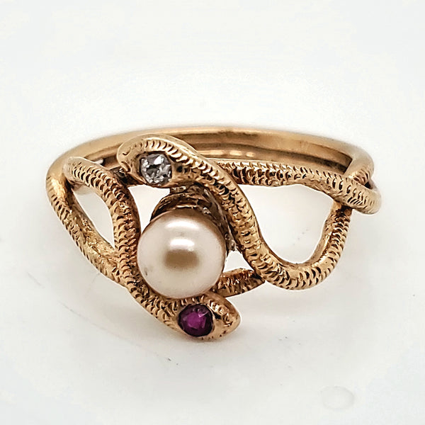 Art Nouveau 14kt Yellow Gold Pearl Diamond and Ruby Double Snake Head Ring