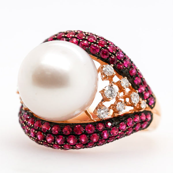 18kt Yellow Gold Pearl Ruby and Diamond Ring