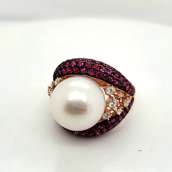 18kt Yellow Gold Pearl Ruby and Diamond Ring