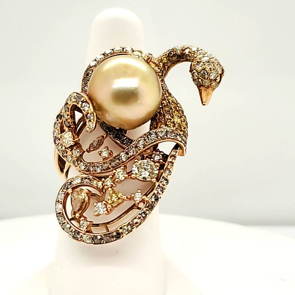 14kt Yellow Gold Pearl and Diamond Swan Ring