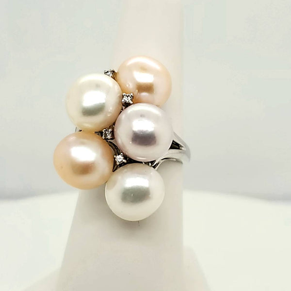 14kt White Gold Multi Colored Fresh Water Pearl and Diamond Ring