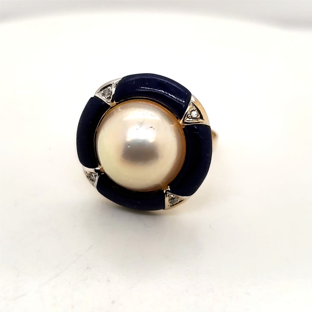 Vintage 14kt Yellow gold Mobe Pearl Lapis and Diamond Ring