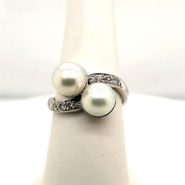 Vintage Bypass Design 14kt White Gold Pearl and Diamond Ring