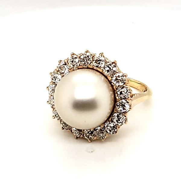 Vintage 18kt Yellow Gold Mine Cut Diamond and Pearl Ring