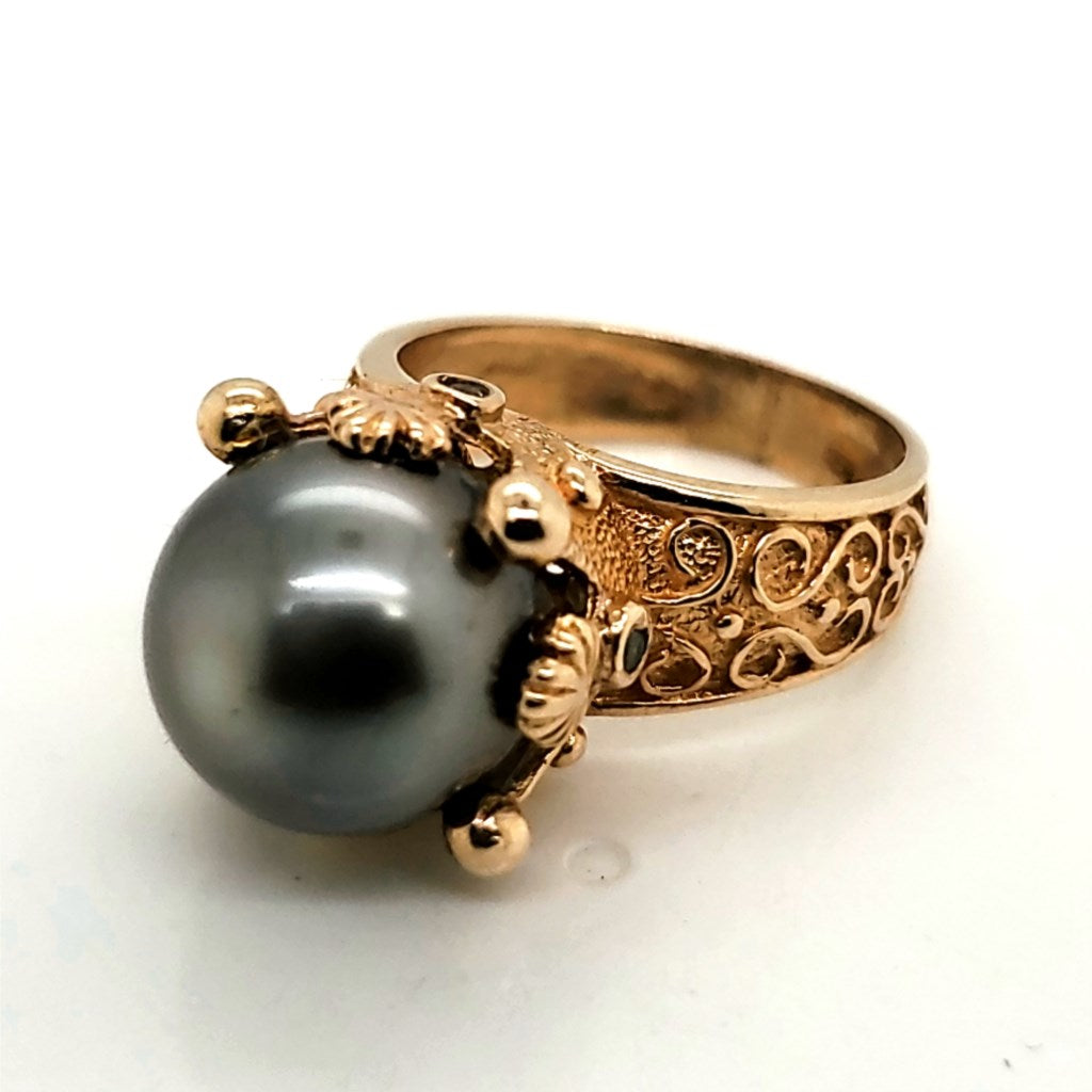 14kt Yellow Gold Black Tahitian Pearl and Diamond Crown Ring