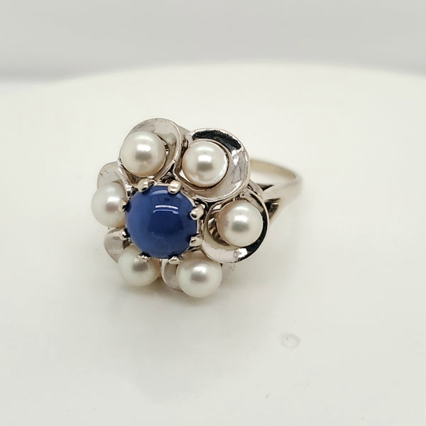 Vintage 14kt White Gold Linde Star Sapphire and Pearl Ring