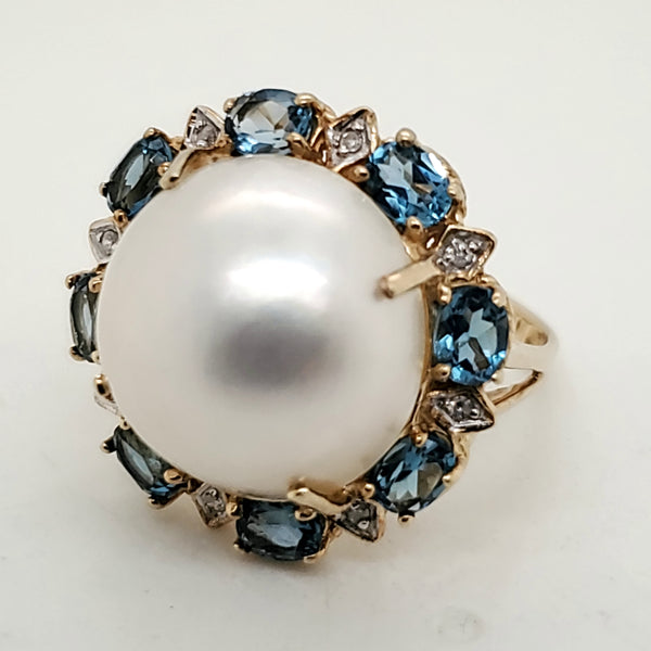 14Kt Yellow Gold Mobe Pearl Blue Topaz and Diamond Ring