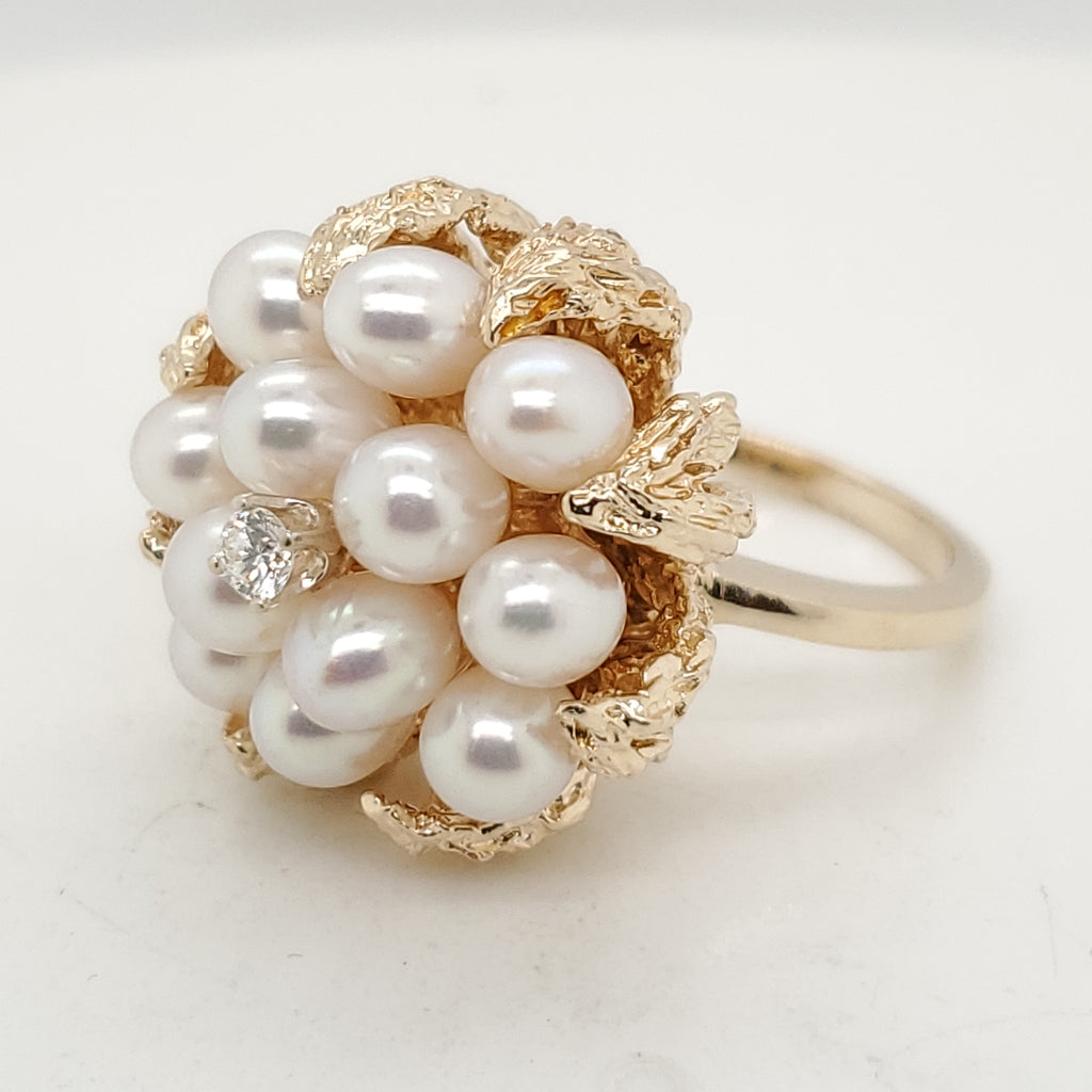 Vintage 14kt Yellow Gold Pearl and Diamond Ring