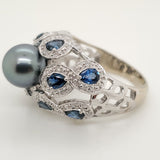 14kt White Gold Tahitian Black Pearl Sapphire and Diamond Ring