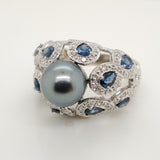 14kt White Gold Tahitian Black Pearl Sapphire and Diamond Ring