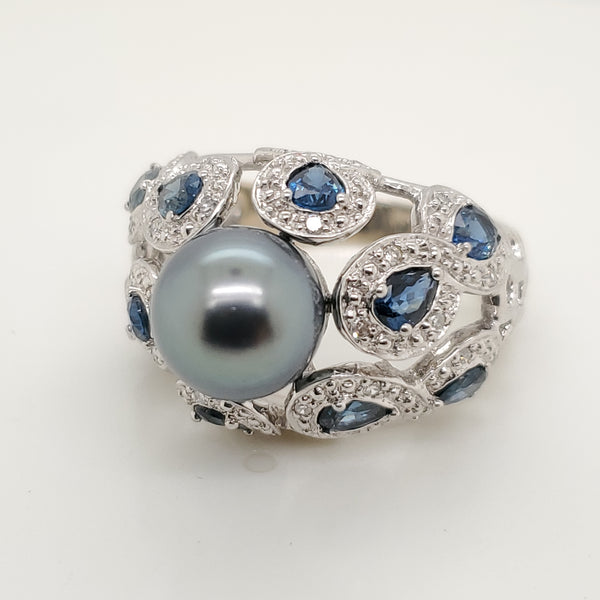 14kt White Gold Tahitian Black Pearl Sapphire and Diamond Ring