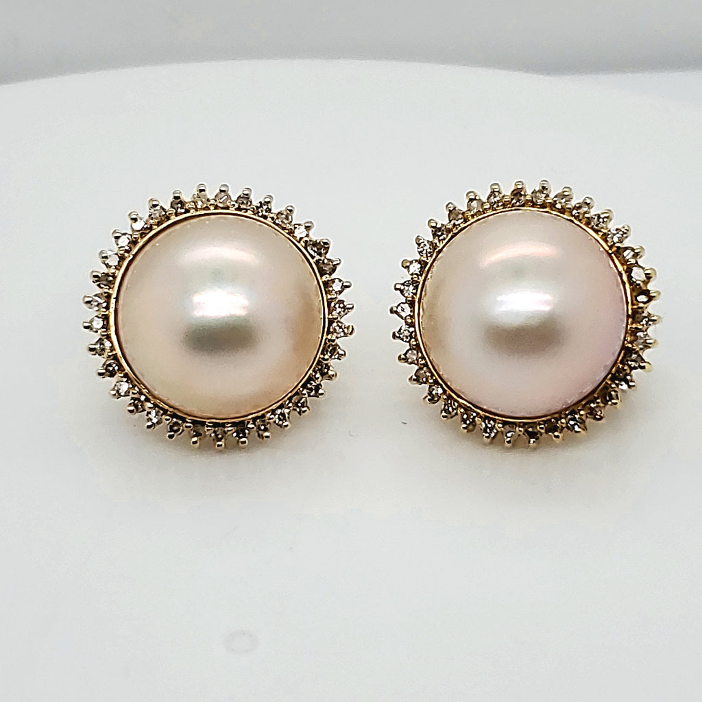 14Kt Yellow Gold Mobe Pearl and Diamond Earrings