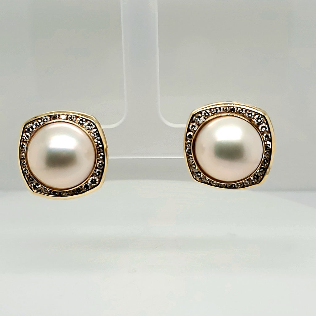 14kt Yellow Gold Mobe Pearl and Diamond Earrings