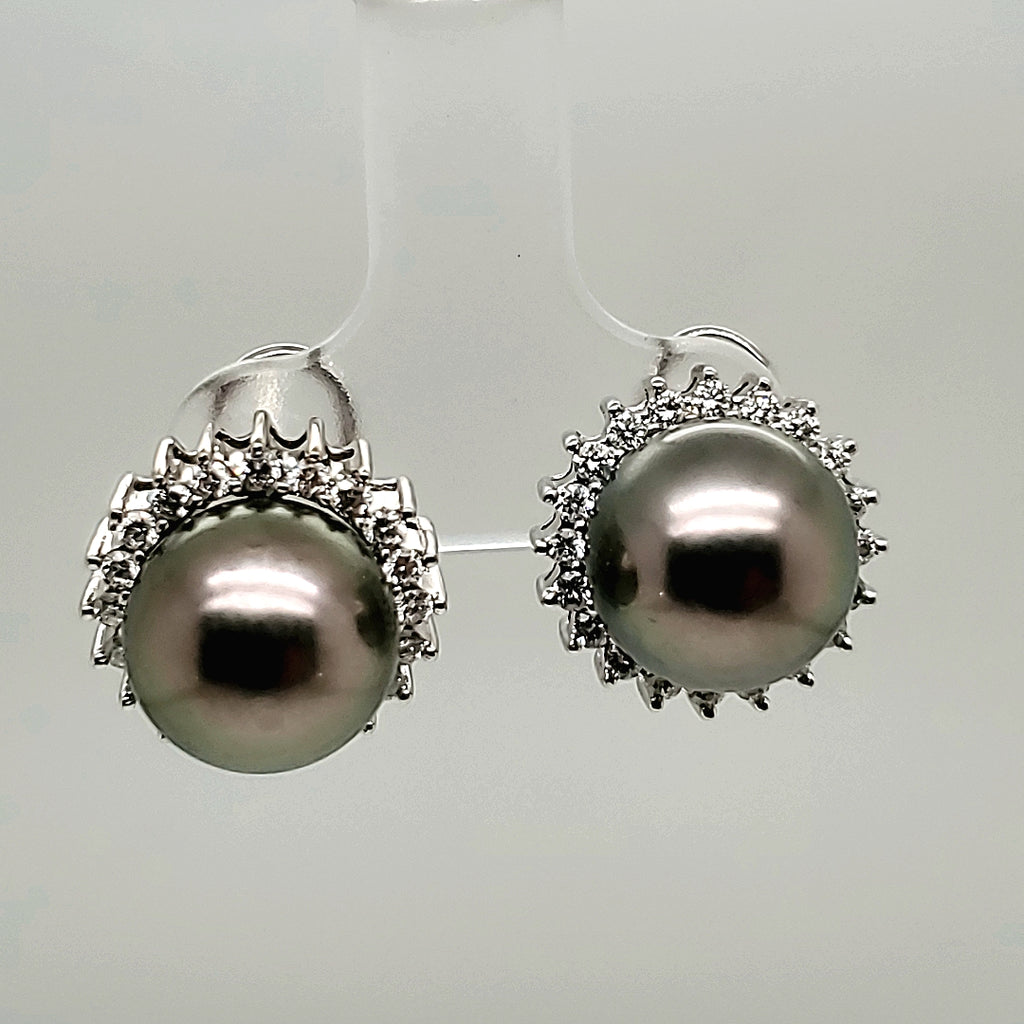 14kt White gold Black Pearl and Diamond Earrings