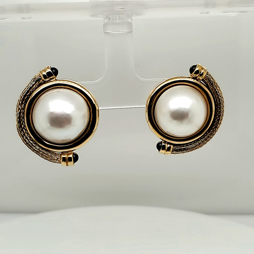 14kt Yellow Gold Mobe Pearl and Sapphire Earrings