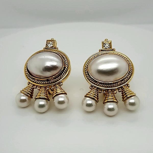18kt Yellow Gold Diamond and  Pearl Earrings