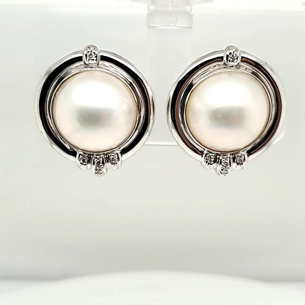 18kt White Gold Mobe Pearl and Diamond Earrings