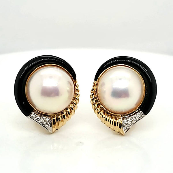 18kt Yellow Gold Onyx Diamond and Mobe Pearl Earrings