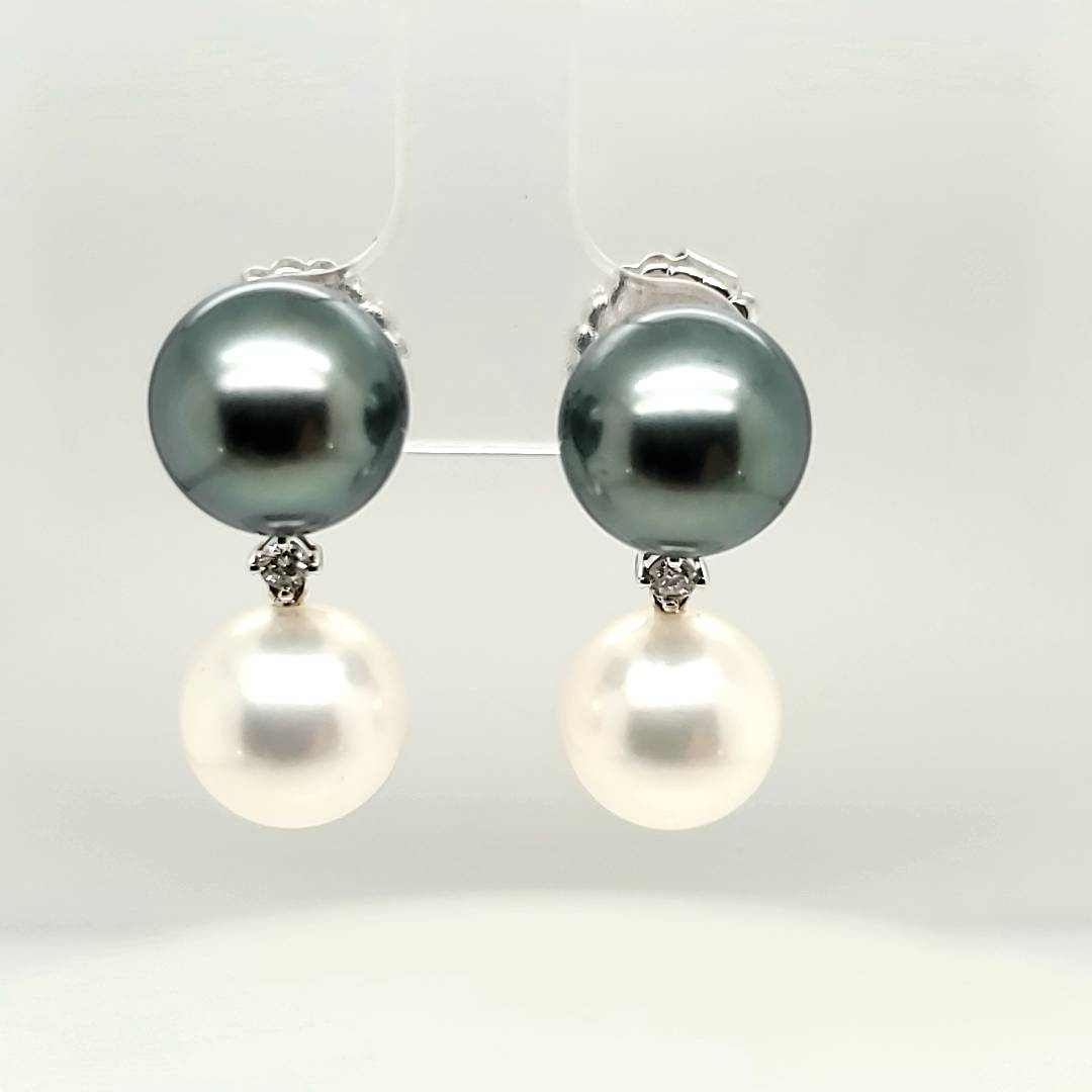 14kt White Gold Tahitian and Akoya Pearl Earrings with Diamond