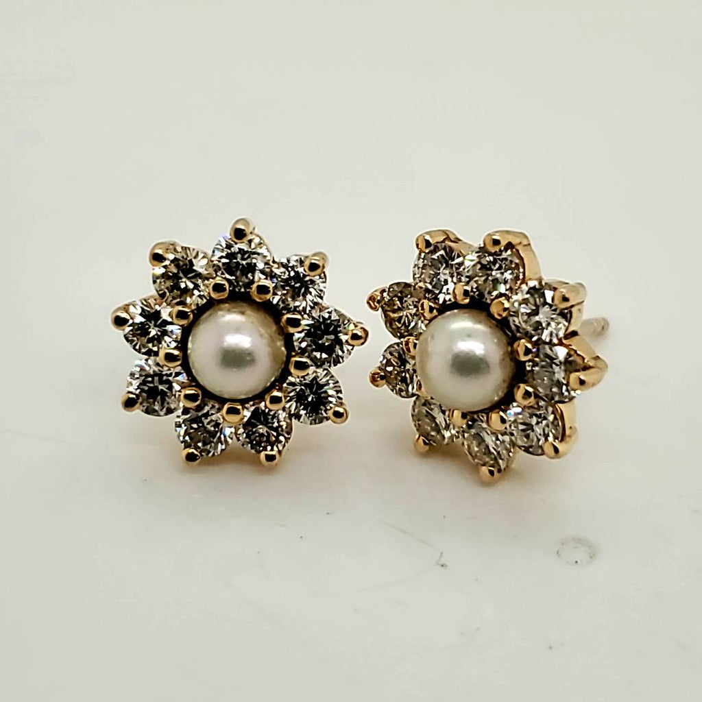 14kt Yellow Gold Pearl and Diamond Stud Earrings