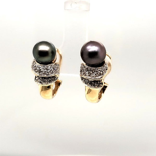 14kt Yellow Gold Black Pearl and Diamond Earrings