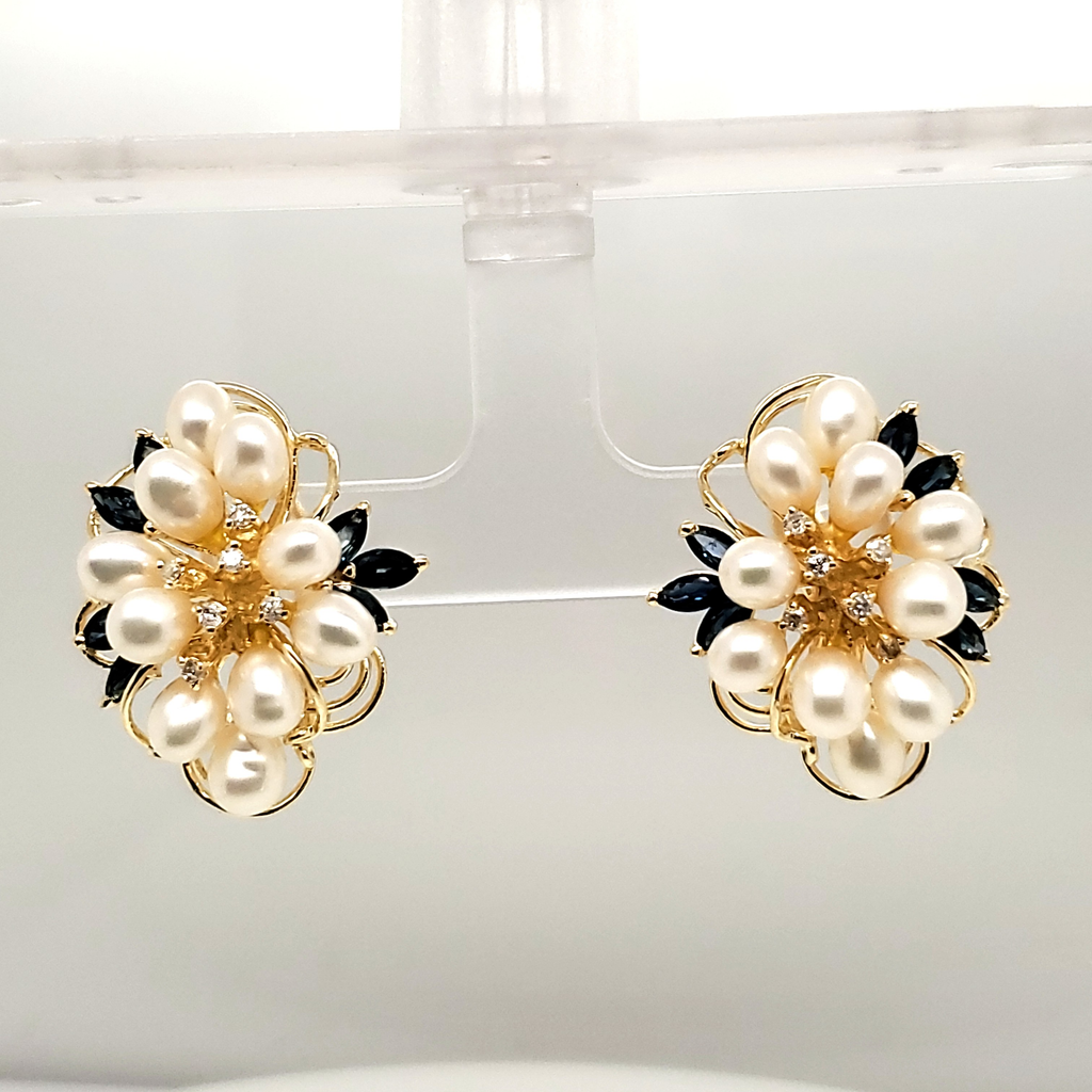 14kt Yellow Gold Pearl Sapphire and Diamond Earrings