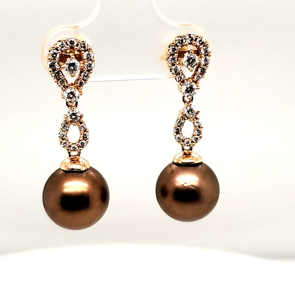 18kt Yellow Gold Brown Pearl and Diamond Dangle Earrings