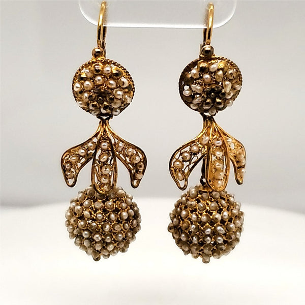 Vintage 18kt Yellow Gold Natural Seed Pearl Dangle Earrings