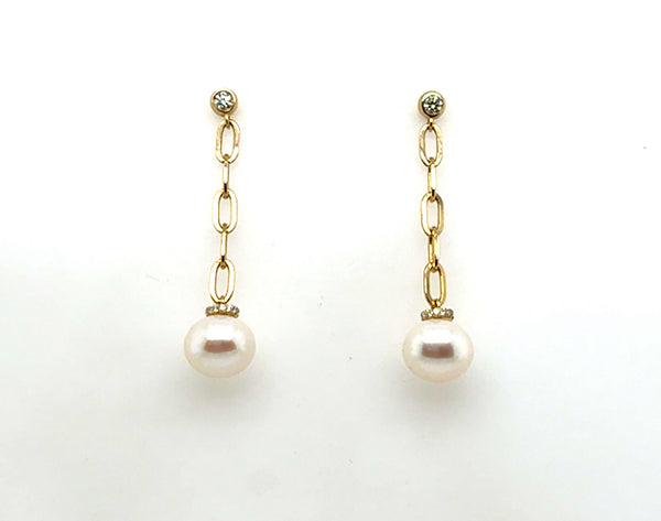 14kt Yellow Gold Pearl And Diamond Link Drop Earrings