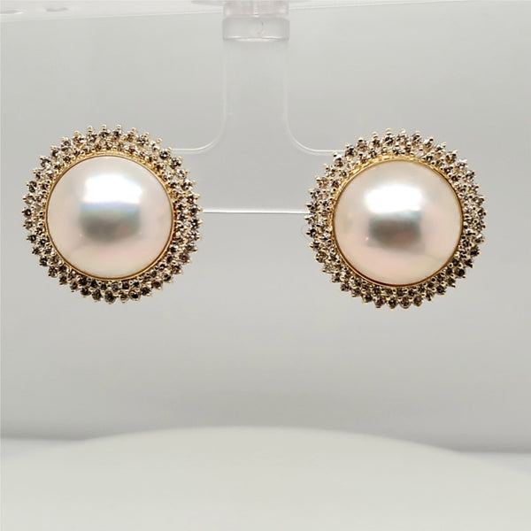 14Kt Gold Mobe Pearl and Diamond Earrings