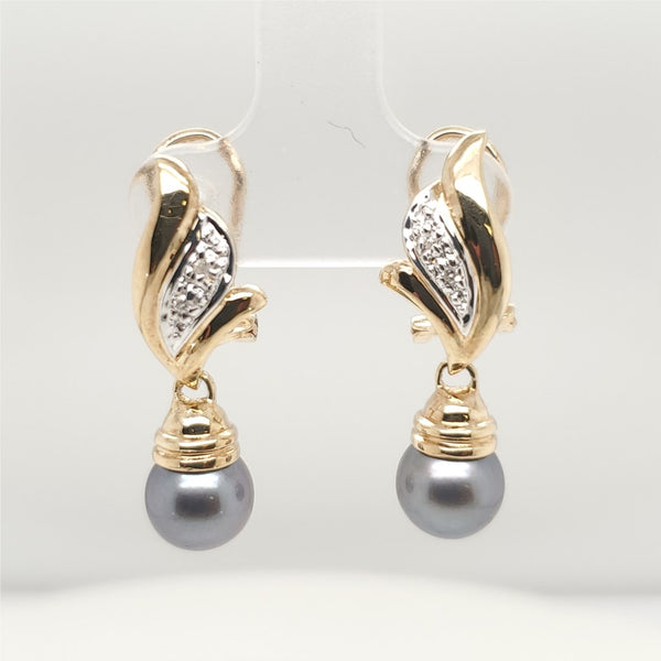 14kt Yellow Gold Black Pearl and Diamond Dangle Earrings