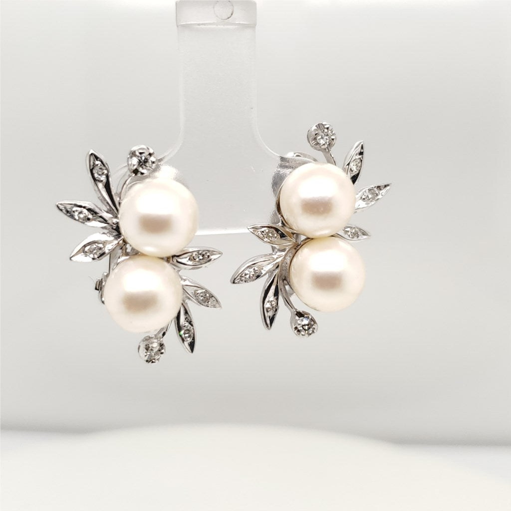 Vintage 14kt White Gold and Diamond Clip On Pearl Earrings