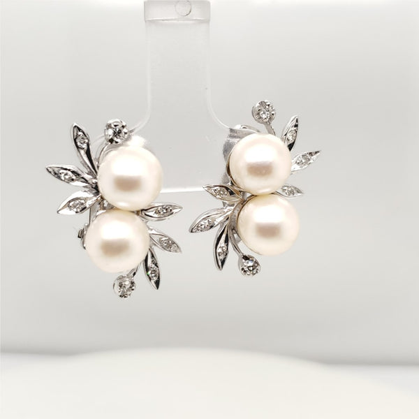 Vintage 14kt White Gold and Diamond Clip On Pearl Earrings