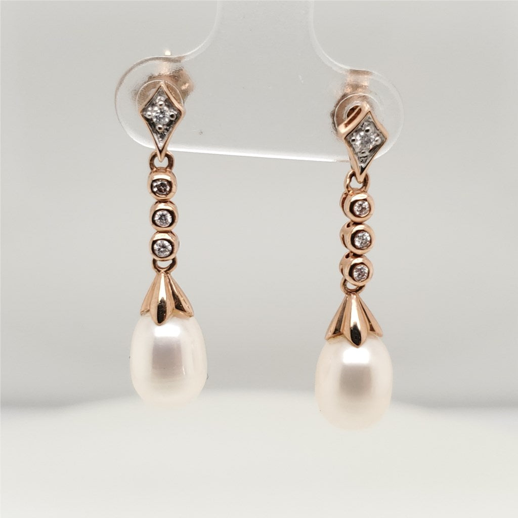 14kt Rose Gold Fresh Water Pearl and Diamond Pendant Earrings