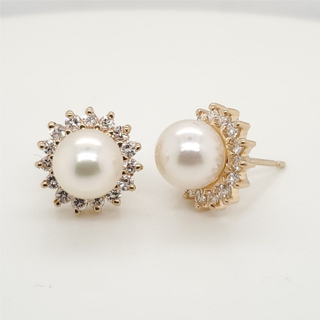 14Kt Yellow Gold  Pearl and Diamond Earrings