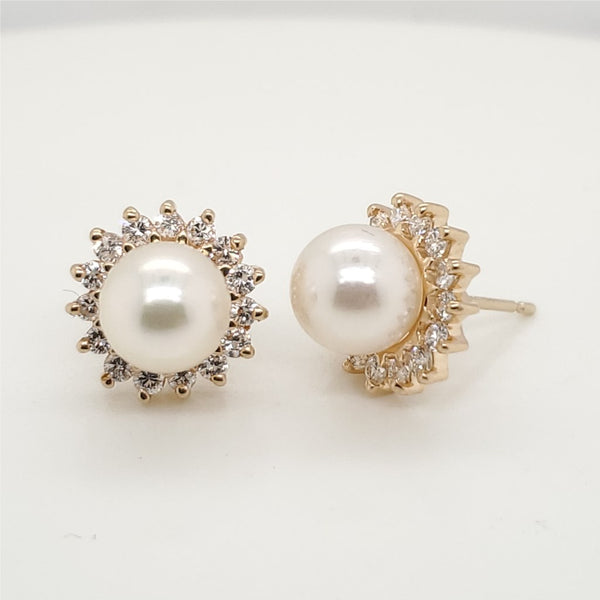 14Kt Yellow Gold  Pearl and Diamond Earrings