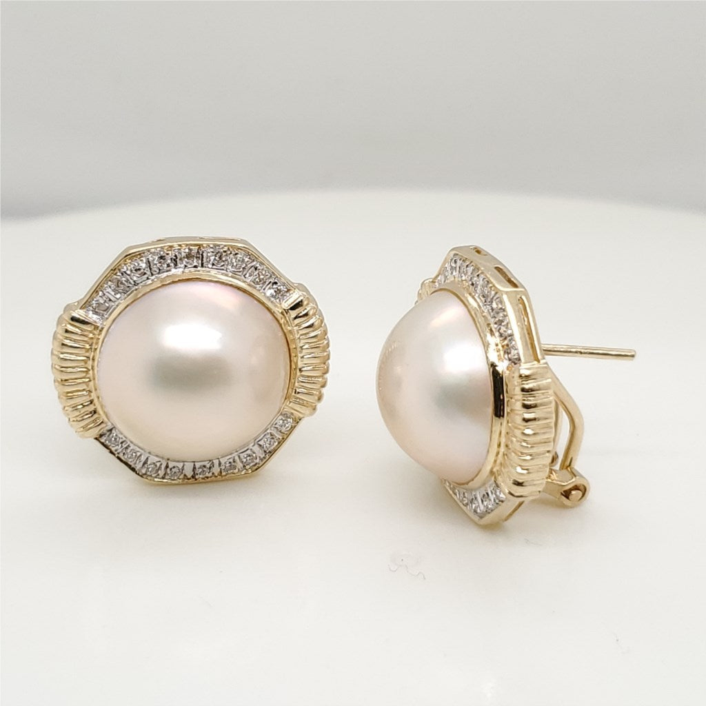 14Kt Gold Mobe Pearl and Diamond Earrings