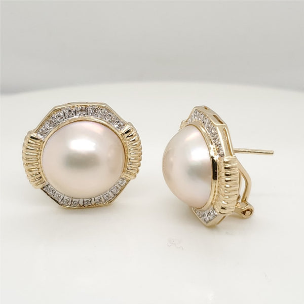14Kt Gold Mobe Pearl and Diamond Earrings