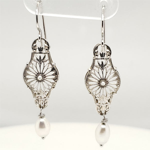 Art Deco 14kt White Gold Pearl Dangle Earrings