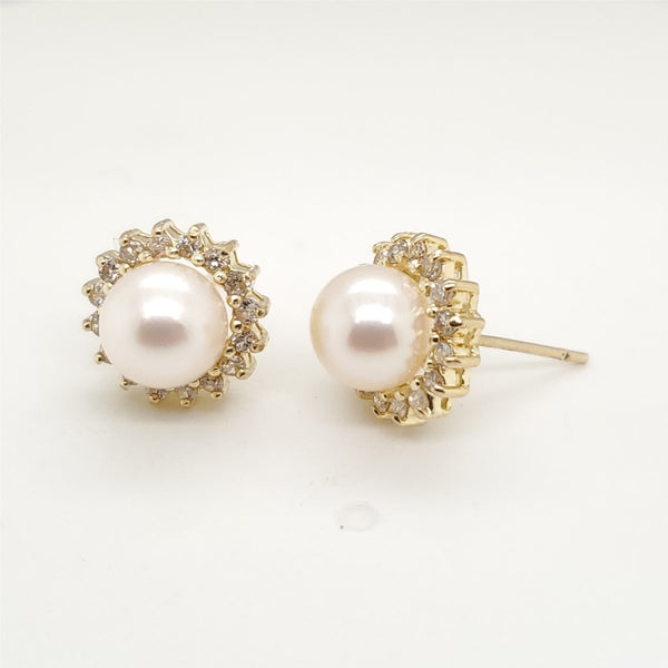 14kt Yellow Gold Pearl and Diamond Stud Earrings