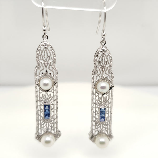 Art Deco White Gold Sapphire and Pearl Filigree Earrings